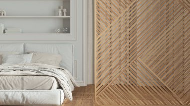 Tahta panel yakın plan, lüks klasik yatak odası, çift yatak, kapalı, kalıplı duvarlar ve parke. Minimalist zen iç tasarım fikri, klasik iç tasarım
