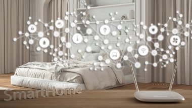 Wi-Fi kablosuz yönlendirici ahşap masa, akıllı ev, geometrik arkaplan bağlı çizgi ve noktalar şeylerin internet gösterimi klasik yatak odası üzerinde ev otomasyon konsepti