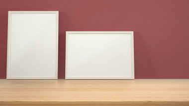 Çerçeve ahşap masaya, masaya ya da rafa yapıştır. Kopya alanı ile kırmızı alçı duvar arkaplanı, iç tasarım şablonu