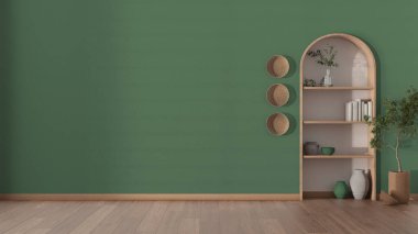 İç tasarım arka plan fikri yeşil tonlarda. Boş oturma odası, alçı duvar, parke ve ahşap kemerli kitaplık. Vazolar, kitaplar, dekor, saksı bitkisi.