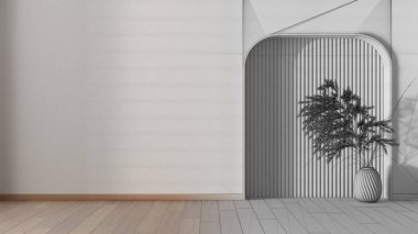 Mimari iç mimar konsepti: elle çizilmiş tamamlanmamış proje gerçek, arka plan kavramı haline geliyor. Boş oturma odası, alçı duvar, parke, ahşap kemerli oyuk.