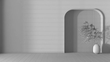 Tamamen beyaz proje taslağı, iç tasarım arka plan fikri. Boş oturma odası, alçı duvar, parke ve ahşap kemerli çukur, saksıda kuru bitkiler, kulaklar, kılıflar...