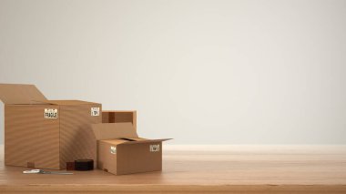 Ahşap masa, masa ya da raf beyaz arkaplan üzerinde karton kutular yığını, modern iç tasarım, kopyalama alanı ile ev şablonu konsepti