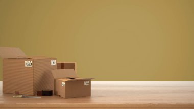 Ahşap masa, masa veya raf, sarı renkli arka plan üzerine karton kutular yığını, modern iç tasarım, kopya alanı olan ev şablonu konsepti