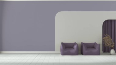 İç dizayn arka planı beyaz ve mor tonlarda. Koltukları, alçı duvarları ve ahşap zemini olan oturma odası. Perdeler ve dekorlarla kemerli çukur