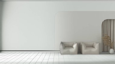 Mimari iç mimar konsepti: elle çizilmiş tamamlanmamış proje, koltuklu oturma odası, alçı duvar ve ahşap zemin. Perdeli kemerli çukur