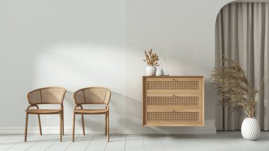 İç tasarım arka planı beyaz ve bej renklerde. Oturma odasında rattan koltuklar, ahşap büfe, sıva duvarlar. Perdeler ve dekorlarla kemerli çukur