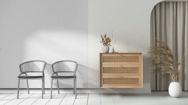 Mimari iç mimar konsepti: elle çizilmiş tamamlanmamış proje, rattan koltukları ve ahşap büfesi olan oturma odası gerçeğe dönüşüyor. Perdeler ve dekorlar