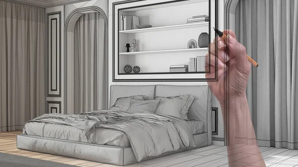 Dibujo Mano Habitación Clásica Personalizada Dormitorio Con Cama Doble Con — Foto de Stock