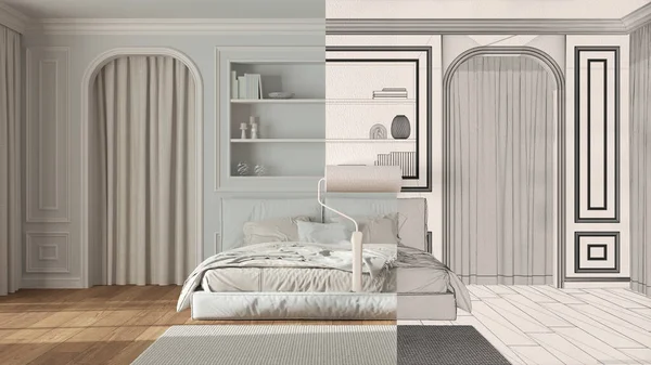 Paint roller painting interior design blueprint sketch background while the space becomes real showing classic bedroom. Before and after concept, architect designer creative work flow