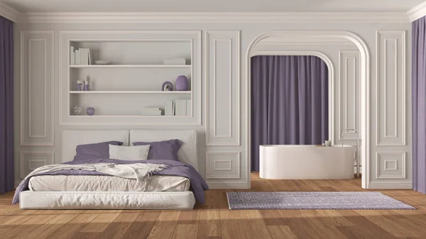 Classic bedroom in white and purple tones and bathroom. Modern bed and carpet, arched walls with curtains, freestanding bathtub. Molded walls, parquet. Neoclassic interior design
