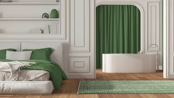Classic bathroom and bedroom in white and green tones. Bed and carpet, arched walls with curtains, freestanding bathtub. Molded walls, parquet. Neoclassic interior design, close up