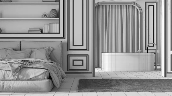 蓝图未完成的项目草稿 经典的浴室和卧室 床和地毯 带有窗帘和浴缸的拱形墙壁 发霉的墙 新古典主义室内设计 — 图库照片