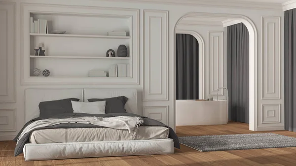 Neoklasik Yatak Odası Banyo Beyaz Gri Tonlarda Modern Yatak Serbest — Stok fotoğraf