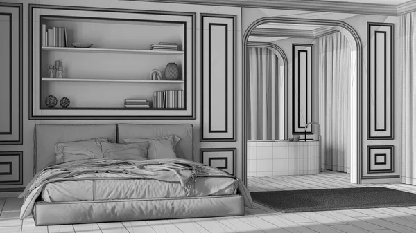 Tamamlanmamış Proje Taslağı Neoklasik Yatak Odası Banyo Modern Yatak Serbest — Stok fotoğraf