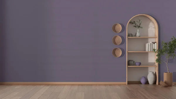 Interior design background concept idea in purple tones. Empty living room with plaster wall, parquet and wooden arched bookshelf. Vases, books and decor, potted plant