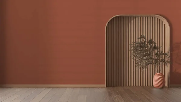 Interior design background concept idea in orange tones. Empty living room with plaster wall, parquet and wooden arched niche, Vases with potted dry plants, ears, sheaf