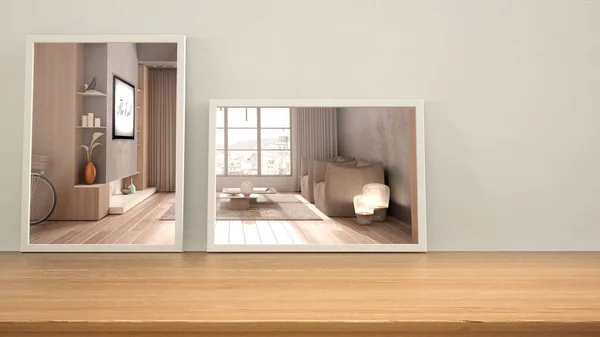 Minimalist mirrors on wooden table, desk or shelf reflecting interior design scene. Concrete and wooden walls in cozy living room with armchairs. Modern background with copy space