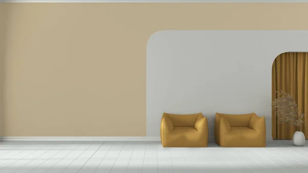 Dizayn Arka Planı Beyaz Sarı Tonlarda Koltukları Alçı Duvarları Ahşap — Stok fotoğraf