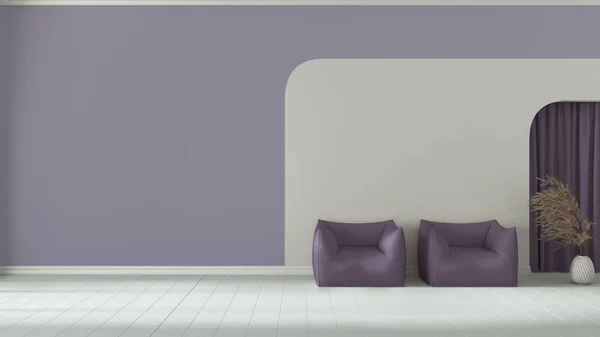 Interior design background in white and purple tones. Living room with armchairs, plaster wall and wooden floor. Arched niche with curtains and decors