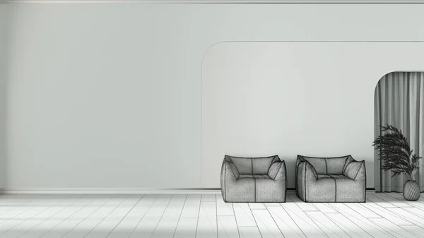 Architect interior designer concept: hand-drawn draft unfinished project that becomes real, living room with armchairs, plaster wall and wooden floor. Arched niche with curtains