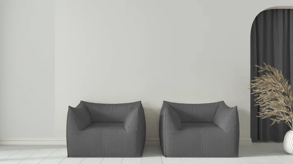 Interior design background in white and gray tones. Living room with armchairs close up, plaster wall and wooden floor. Arched niche with curtains and decors