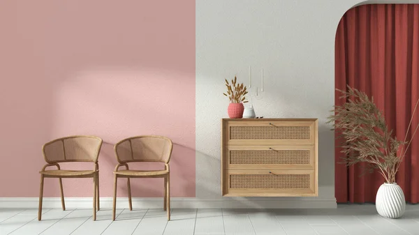 Interior design background in white and red tones. Living waiting room with rattan armchairs and wooden sideboard, plaster walls. Arched niche with curtains and decors