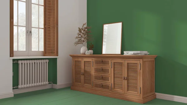 Retro living room with green painted wooden floor and walls. Rattan chest of drawer with decor. Frame mock up. Window with shutters and radiator. Vintage interior design