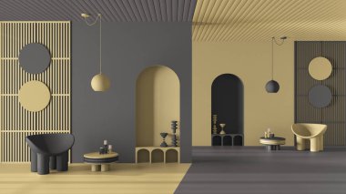 Pastel sarısı ve gri renkler ve düz oturma odası için metafizik iç dizayn, bekleme ve oturma alanı. Simetri konsepti, ayna perspektifi, zıt şekiller