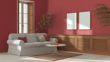 Beyaz ve kırmızı oturma odası, koloni tarzı. Yastıklı kumaş kanepe, tahta panel, panjurlu pencere. Halı, masa ve dekorasyon. Çerçeve modeli, çağdaş iç tasarım