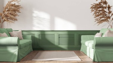 Beyaz ve yeşil tonlarda oturma odası, koloni tarzı. Yastıklı ve halılı kumaş koltuklar, duvar paneli. Boşluğu kopyala, çağdaş iç tasarım.
