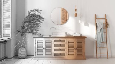 Mimari iç mimar konsepti: gerçek hale gelen el yapımı taslak proje, klasik banyo, rattan ahşap lavabo, çekmece sandığı, ayna, havlu askılığı ve dekor