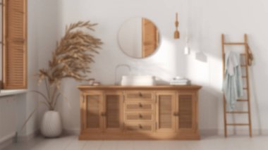 Bulanık arka plan, klasik banyo, rattan ahşap lavabo, çekmeceler, ayna, havlu askı ve dekor. Parke ve pencere. Modern iç tasarım