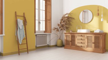 Beyaz ve sarı tonlarda klasik banyo, rattan ahşap lavabo, çekmece sandığı, ayna, havlu askılığı ve dekor. Kepenkli parke ve pencere. Modern iç tasarım