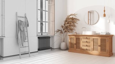 Mimari iç mimar konsepti: gerçek hale gelen el yapımı taslak proje, klasik banyo, rattan ahşap lavabo, çekmece sandığı, ayna, havlu askılığı ve dekor