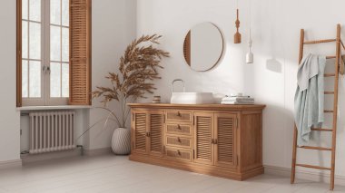 Klasik beyaz tonlu banyo, rattan ahşap lavabo, çekmece sandığı, ayna, havlu askı ve dekor. Kepenkli parke ve pencere. Modern iç tasarım