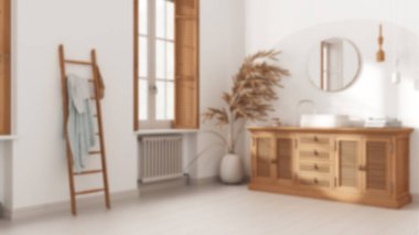 Bulanık arka plan, klasik banyo, rattan ahşap lavabo, çekmeceler, ayna, havlu askı ve dekor. Kepenkli parke ve pencere. Modern iç tasarım