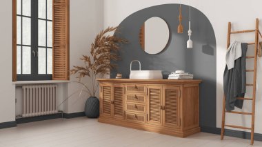 Klasik banyo klasik beyaz ve gri tonlarda, rattan ahşap lavabo, çekmeceler, ayna, havlu asacağı ve dekor. Kepenkli parke ve pencere. Modern iç tasarım