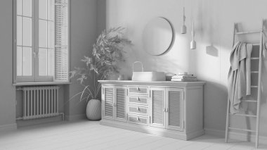 Tamamen beyaz proje taslağı, klasik klasik banyo, rattan ahşap lavabo, çekmeceler, ayna, havlu asacağı ve dekor. Kepenkli parke ve pencere. Modern iç tasarım