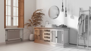 Mimari iç mimar konsepti: gerçek, klasik klasik klasik banyo, ahşap lavabo, çekmeceler, ayna, havlu askılığı haline gelen el yapımı taslak tamamlanmamış proje