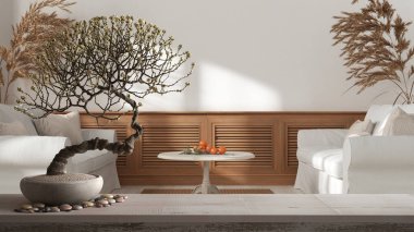 Çakıl taşı ve saksı çiçekli klasik ahşap masa rafı, beyaz çiçekler, minimalist oturma odasının üzerinde kumaş kanepe ve ahşap duvar paneli, zen temiz mimari konsept fikri