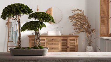 Çakıl taşı ve saksı çiçeği olan eski ahşap masa rafı, yeşil çiçekler, klasik banyo üzerinde ahşap ve rattan lavabo, zen temiz mimari konsept fikri.