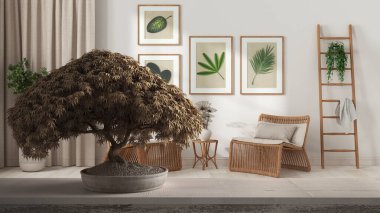 Saksıda çiçek açan ahşap masa rafı, bej yapraklar, çiçekler, İskandinav oturma odasının üzerinde rattan koltuklar, resimler ve dekorlar, mimari konsept