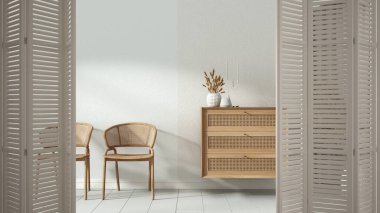 Minimalist ahşap oturma odasında beyaz katlı kapı açılıyor. Çekmeceli sandıklar, parke döşemeler, modern iç tasarım, mimar tasarım konsepti.