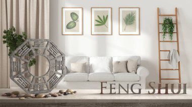 Tahta masa rafı ba gua, çakıl taşı ve bambu bitkileri, İskandinav oturma odası beyaz kanepe ve dekorlarla, zen konsepti iç tasarımı, feng shui şablon fikri arka plan