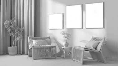 Tamamen beyaz proje taslağı, çağdaş oturma odası. Yastıkları, perdeleri, merdiveni ve saksısı olan Rattan koltukları. Çerçeve ve parke, ön manzara. Retro iç tasarım fikri