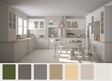 Palet renginde iç dizayn sahnesi. Farklı renkler ve desenler. Mimar ve tasarımcı fikri. Yemek masası olan İskandinav beyaz mutfağı