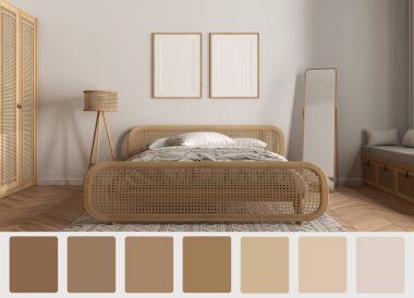 Palet renginde iç dizayn sahnesi. Farklı renkler ve desenler. Mimar ve tasarımcı fikri. Rattan modern yatak odası, çift yatak ve çerçeve modeli.