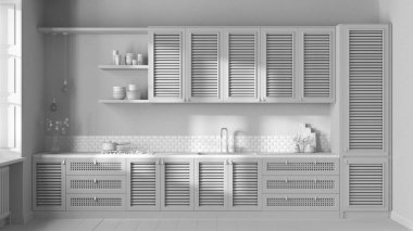 Tamamen beyaz proje taslağı, ahşap mutfak. Panjurlu dolaplar, çekmeceler, lavabo ve benzin deposu, çömlek ve dekorlar. Parke zemin, iç tasarım, ön manzara.