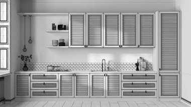 Proje taslağı tamamlanmamış, ahşap mutfak. Panjurlu dolaplar, çekmeceler, lavabo ve benzin deposu, çömlek ve dekorlar. Parke, iç tasarım, ön manzara